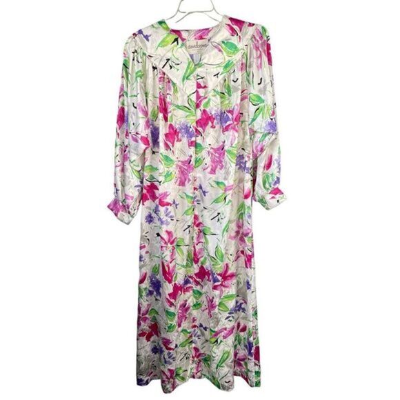 T2 VTG‎ David Brown Floral Zip-up Long Sleeve Maxi Robe White Pink Medium - Picture 1 of 6